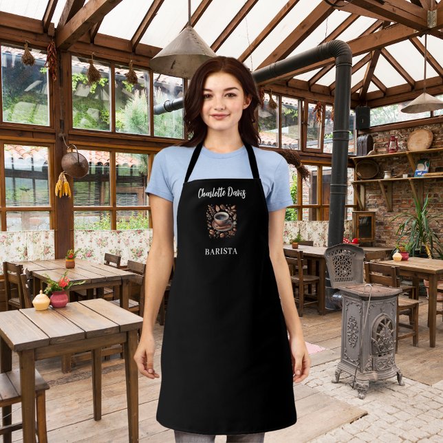 Barista black white cup coffee beans name script apron (Creator Uploaded)