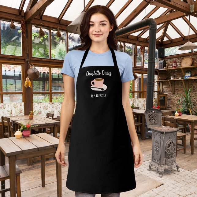 Barista black white cup coffee name script apron (Creator Uploaded)