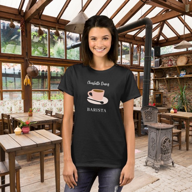 Barista black white cup coffee name script T-Shirt (Creator Uploaded)