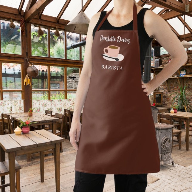 Barista brown cup coffee name script apron (Creator Uploaded)