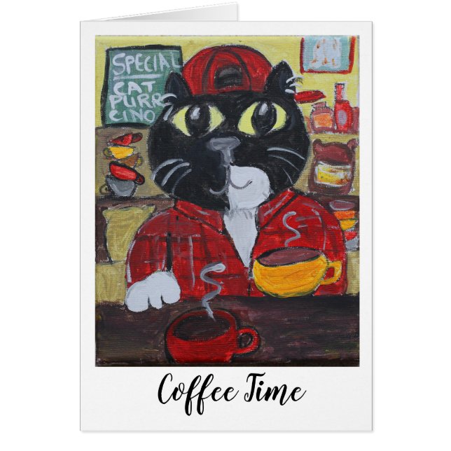 Barista Cat Coffeehouse Painting Fun Folk Art (Front)