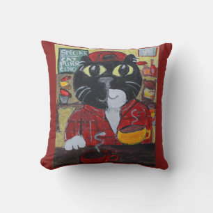 Barista Cat Folk Art Painting Coffeehouse Fun Cushion