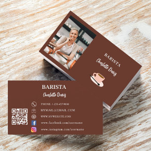 Barista photo QR code brown Business Card
