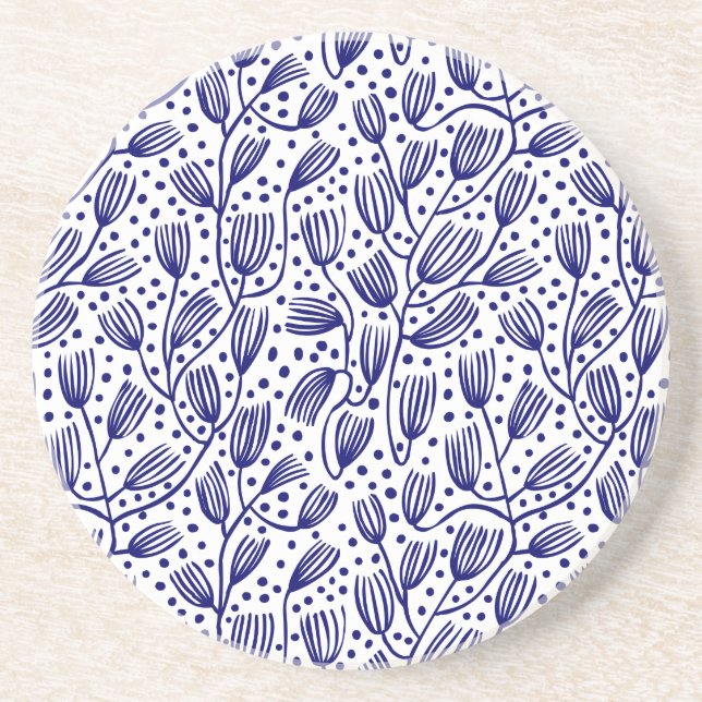 Barkcloth Style Pattern - Dark Blue on White Coaster (Front)