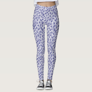 Barkcloth Style Pattern - Dark Navy on White Leggings