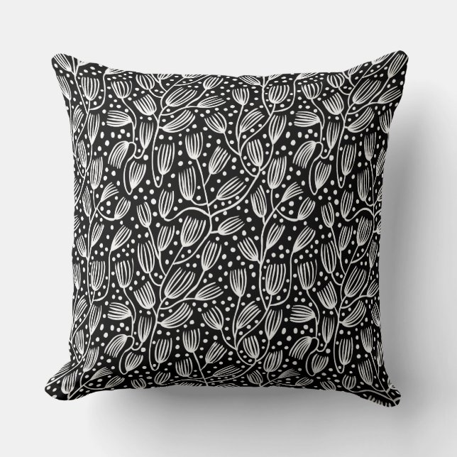 Barkcloth Style Pattern - White on Black Cushion (Front)
