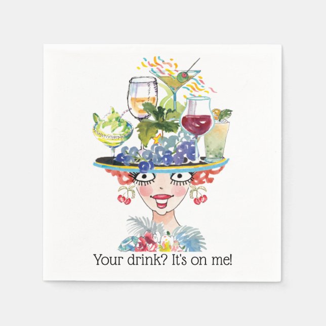 Barmaid Lady Funny Face Cocktail Paper Napkin (Front)