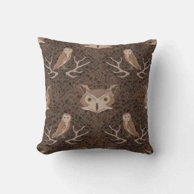 Barn and Hoot Owl Over a Brown Moss Pattern Cushion (Front)