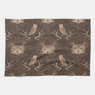 Barn and Hoot Owl Over a Brown Moss Pattern Tea Towel