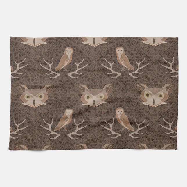 Barn and Hoot Owl Over a Brown Moss Pattern Tea Towel (Horizontal)