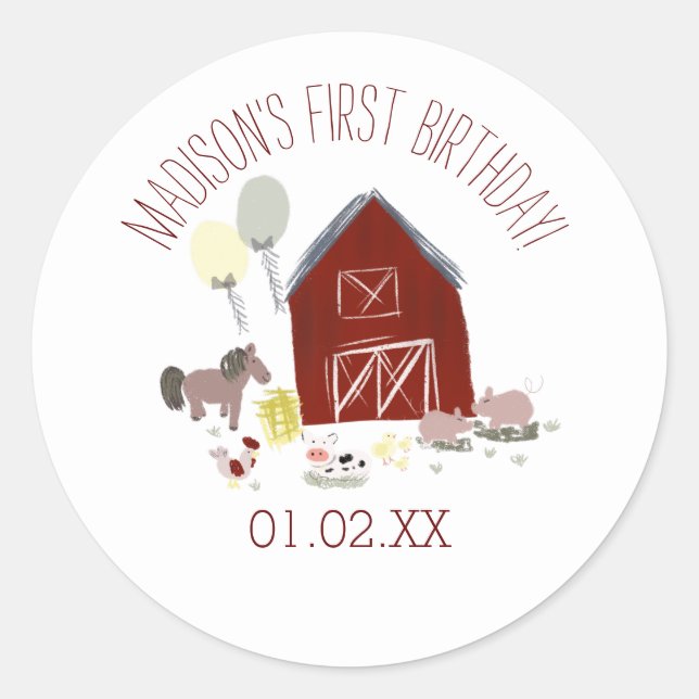 Barn Animals Balloon Tassels Birthday Party Favour Classic Round Sticker (Front)