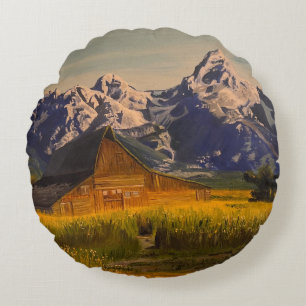 Barn at the Grand Teton, by Gary Poling Round Cushion