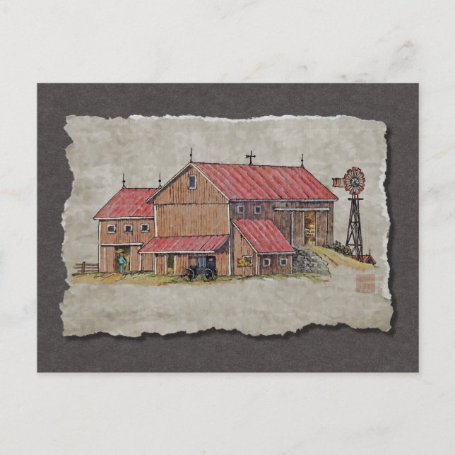 Barn Buggy & Windmill Postcard (Front)