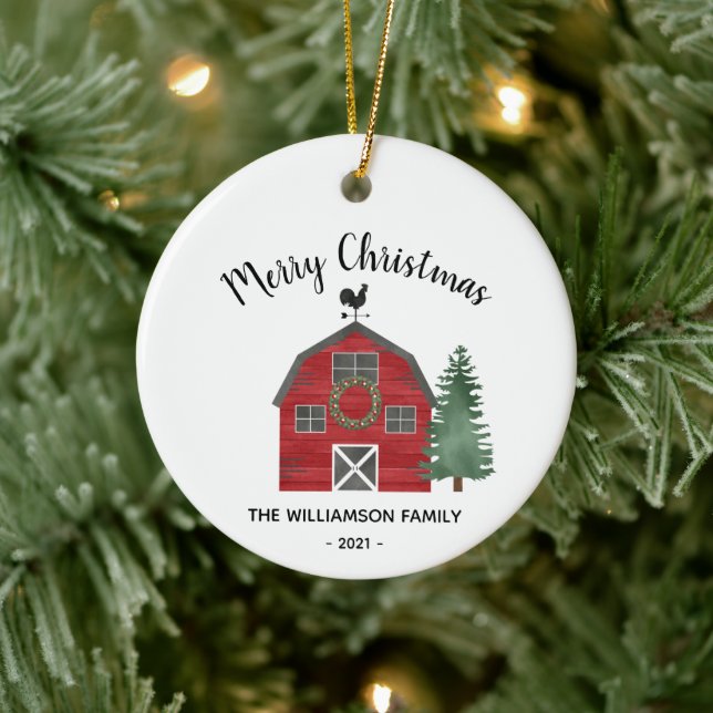 Barn Farm Country Merry Christmas Family Name  Ceramic Ornament (Tree)