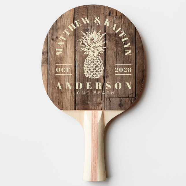 Barn Floor Boards Tropical Pineapple Wedding Ping Pong Paddle (Back)