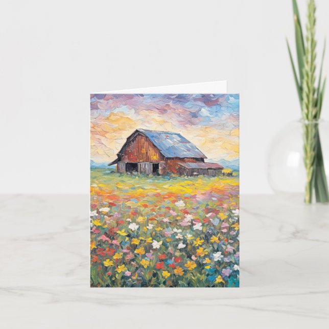 Barn In Wildflower Field Note Card (Front)