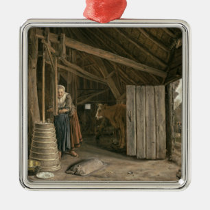 Barn Interior with a Maid Churning Butter Metal Ornament