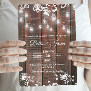 Barn Lace Rustic Wood String Light Country Wedding Invitation