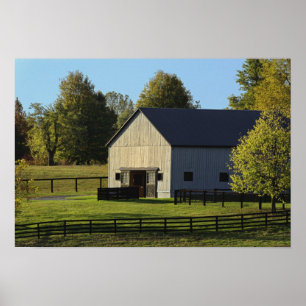 Barn on thoroughbred horse farm at sunrise, poster
