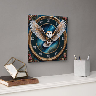 Barn Owl and Roses Fantasy Art Square Wall Clock