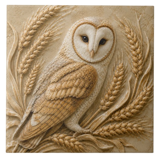 Barn Owl and Wheat Autumn Ceramic Tile (Front)