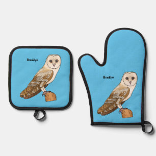 Barn owl bird cartoon illustration oven mitt & pot holder set