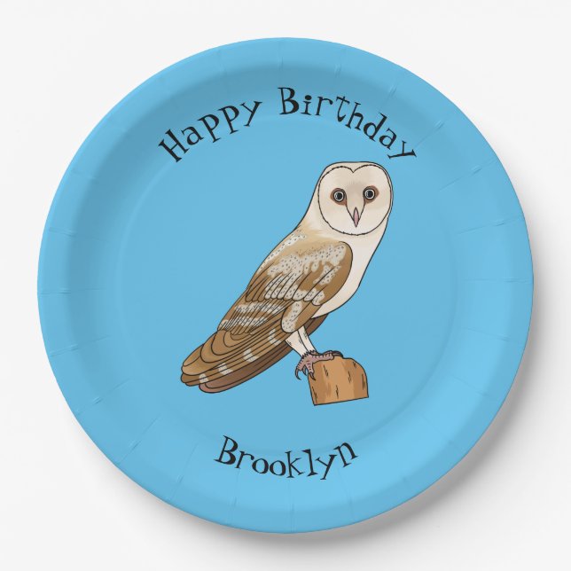 Barn owl bird cartoon illustration paper plate (Front)