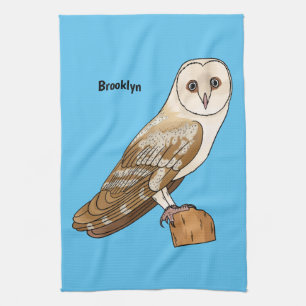 Barn owl bird cartoon illustration tea towel