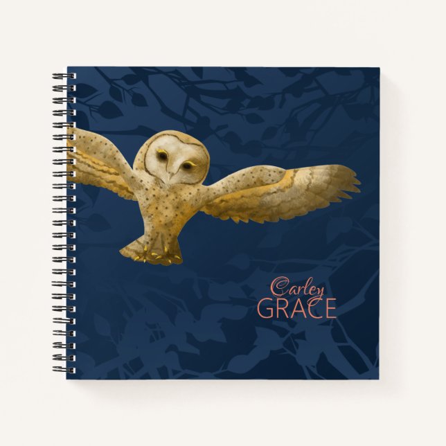 Barn Owl, Dark Blue Personalised Journal (Front)