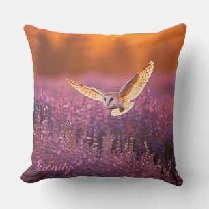 Barn owl flying at sunrise over a Lavender meadow Cushion
