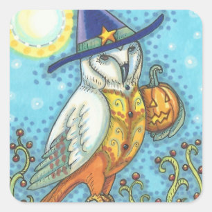 BARN OWL FOLK ART, HALLOWEEN BIRD STICKERS Square