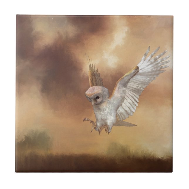 Barn Owl in Flight Digital Painting Ceramic Tile (Front)