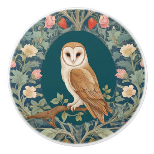 Barn Owl in Oval William Morris style Left facing Ceramic Knob