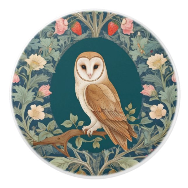 Barn Owl in Oval William Morris style Left facing Ceramic Knob (Front)