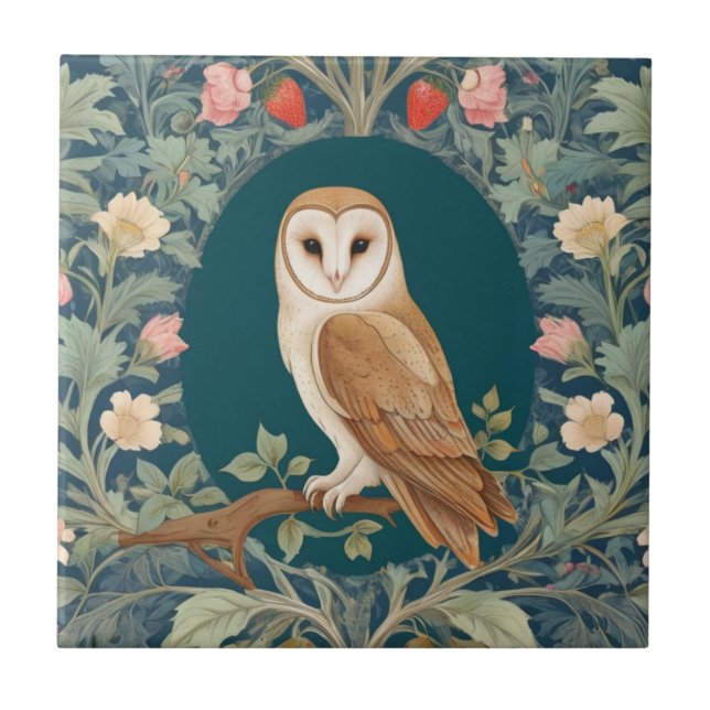 Barn Owl in Oval William Morris style Left facing Ceramic Tile (Front)