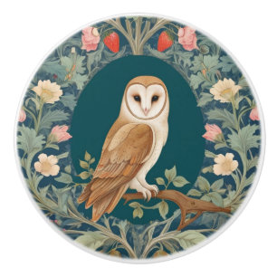 Barn Owl in Oval William Morris style Right facing Ceramic Knob