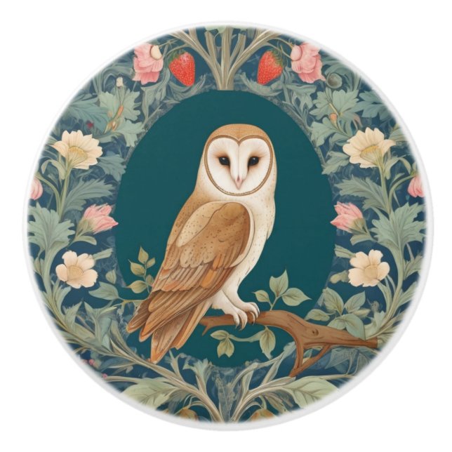 Barn Owl in Oval William Morris style Right facing Ceramic Knob (Front)