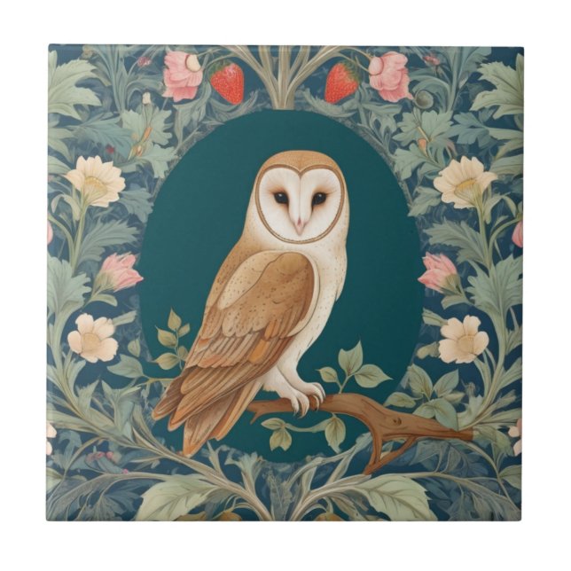 Barn Owl in Oval William Morris style Right facing Ceramic Tile (Front)