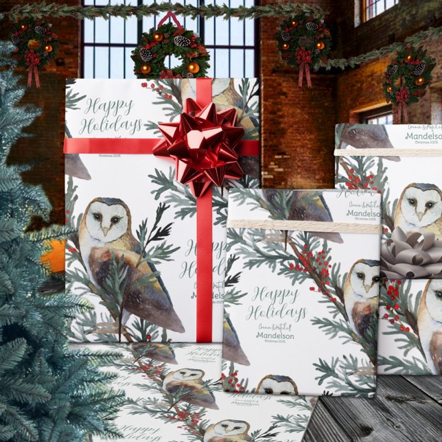 Barn Owl In The Woods Add Name Happy Holidays Wrapping Paper (Barn Owl In The Woods Add Name Happy Holidays Christmas Wrapping Paper Rolls)