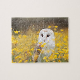 Barn Owl in Yellow Flower Field Jigsaw Puzzle