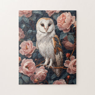 Barn Owl Perched Among Pink Roses Jigsaw Puzzle
