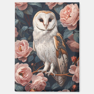 Barn Owl Perched Among Pink Roses Magnet