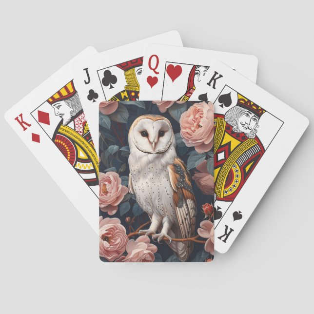 Barn Owl Perched Among Pink Roses Playing Cards (Back)