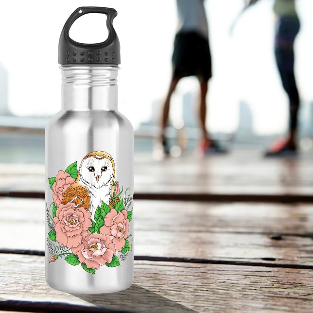 Barn Owl Pink Flowers Blue 532 Ml Water Bottle (Creator Uploaded)