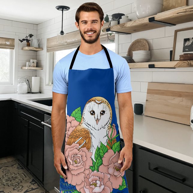 Barn Owl Pink Flowers Blue Apron (Creator Uploaded)