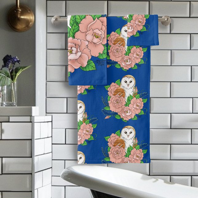 Barn Owl Pink Flowers Blue Bath Towel Set (Creator Uploaded)