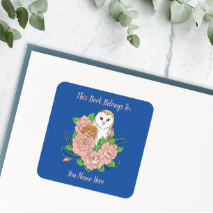 Barn Owl Pink Flowers Blue Bookplate Square Sticker