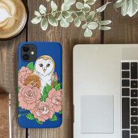 Barn Owl Pink Flowers Blue