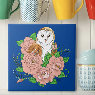 Barn Owl Pink Flowers Blue Ceramic Tile