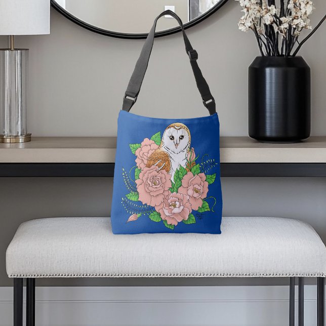 Barn Owl Pink Flowers Blue Crossbody Bag (Creator Uploaded)